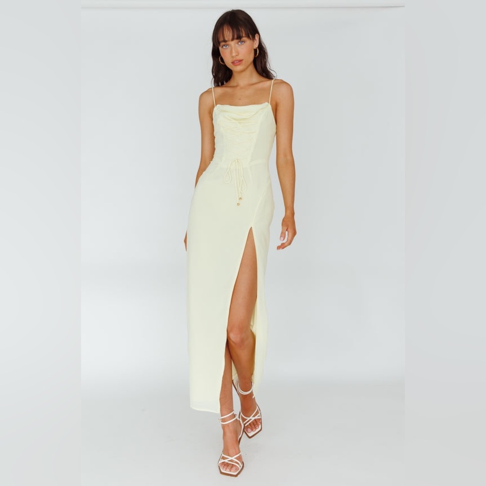 Selfie Leslie ANGEL BIBA Ryanna Laced Bodice Split Midi Dress Butter Yellow XS